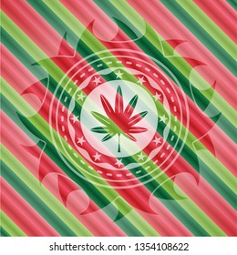 marijuana leaf, weed icon inside christmas colors badge.