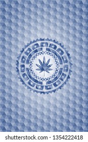 marijuana leaf, weed icon inside blue hexagon emblem.