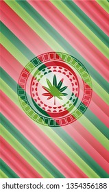 marijuana leaf, weed icon inside christmas emblem background.
