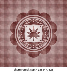 marijuana leaf, weed icon inside red seamless badge with geometric pattern.