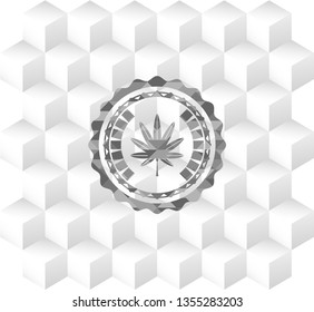 marijuana leaf, weed icon inside grey badge with geometric cube white background