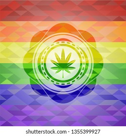 marijuana leaf, weed icon inside emblem on mosaic background with the colors of the LGBT flag