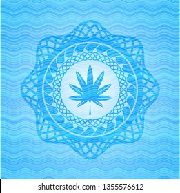 marijuana leaf, weed icon inside water wave representation badge.