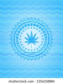 marijuana leaf, weed icon inside light blue water badge.