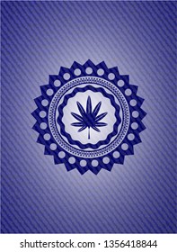marijuana leaf, weed icon inside emblem with jean texture
