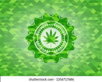 marijuana leaf, weed icon inside realistic green emblem. Mosaic background