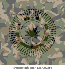 marijuana leaf, weed icon inside camo texture
