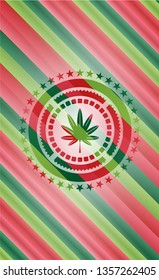marijuana leaf, weed icon inside christmas colors style emblem.