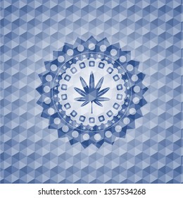 marijuana leaf, weed icon inside blue emblem with geometric background.