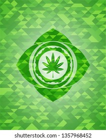 marijuana leaf, weed icon inside green emblem with triangle mosaic background