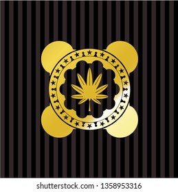 marijuana leaf, weed icon inside golden badge