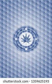 marijuana leaf, weed icon inside blue badge with geometric background.