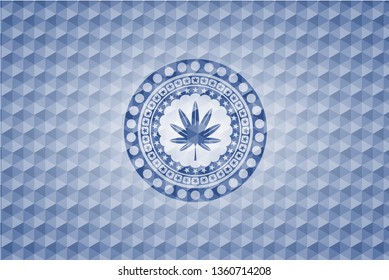 marijuana leaf, weed icon inside blue emblem with geometric pattern background.