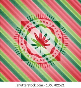 marijuana leaf, weed icon inside christmas colors emblem.