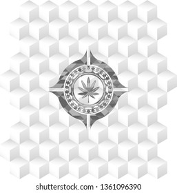 marijuana leaf, weed icon inside grey emblem with geometric cube white background