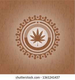 marijuana leaf, weed icon inside realistic wooden emblem