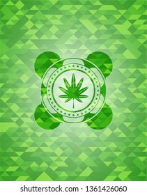marijuana leaf, weed icon inside green emblem with triangle mosaic background