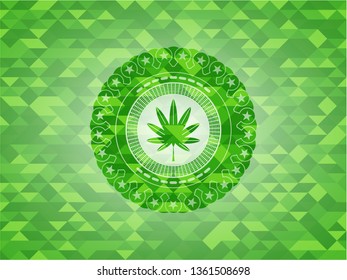 marijuana leaf, weed icon inside green mosaic emblem
