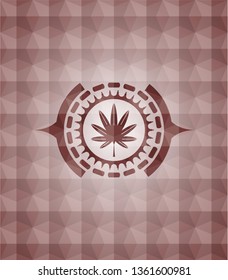 marijuana leaf, weed icon inside red emblem with geometric pattern background. Seamless.