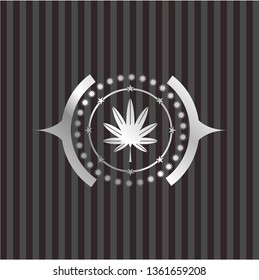marijuana leaf, weed icon inside silver badge