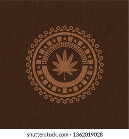 marijuana leaf, weed icon inside vintage wood emblem