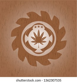 marijuana leaf, weed icon inside wooden emblem. Retro