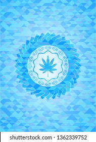 marijuana leaf, weed icon inside realistic light blue emblem. Mosaic background