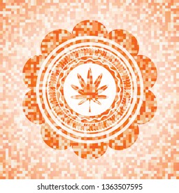 marijuana leaf, weed icon inside abstract emblem, orange mosaic background