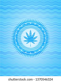 marijuana leaf, weed icon inside sky blue water style emblem.