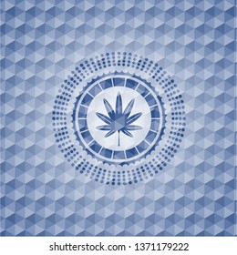 marijuana leaf, weed icon inside blue emblem or badge with geometric pattern background.