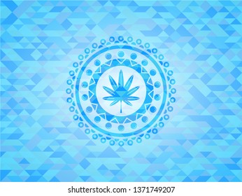 marijuana leaf, weed icon inside light blue mosaic emblem