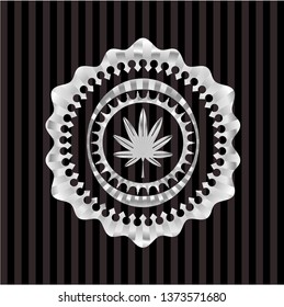 marijuana leaf, weed icon inside silvery emblem or badge