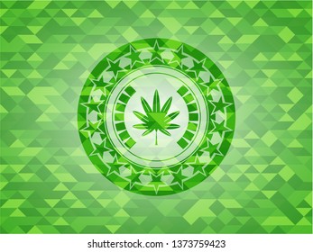 marijuana leaf, weed icon inside green emblem with mosaic ecological style background
