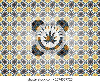 marijuana leaf, weed icon inside arabic badge. Arabesque decoration.