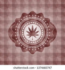 marijuana leaf, weed icon inside red emblem or badge with geometric pattern background. Seamless.