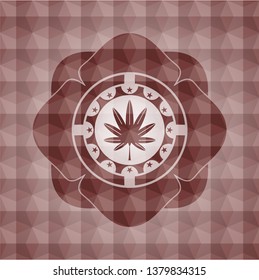 marijuana leaf, weed icon inside red emblem with geometric background. Seamless.