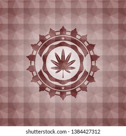 marijuana leaf, weed icon inside red polygonal badge. Seamless.
