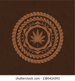marijuana leaf, weed icon inside retro style wooden emblem