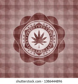 marijuana leaf, weed icon inside red seamless emblem or badge with abstract geometric polygonal pattern background.