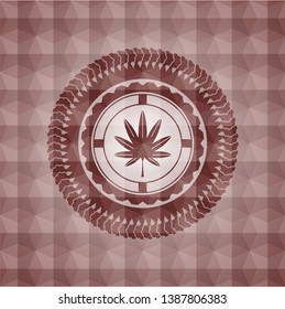marijuana leaf, weed icon inside red emblem or badge with abstract geometric polygonal pattern background. Seamless.