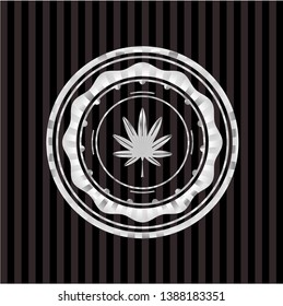 marijuana leaf, weed icon inside silvery badge
