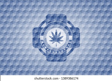 marijuana leaf, weed icon inside blue badge with geometric pattern.