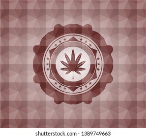marijuana leaf, weed icon inside red seamless emblem or badge with abstract geometric polygonal pattern background.