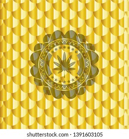 marijuana leaf, weed icon inside golden badge. Scales pattern. Vector Illustration. Detailed.