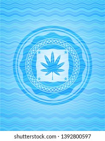 marijuana leaf, weed icon inside light blue water wave emblem background.