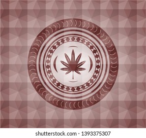 marijuana leaf, weed icon inside red seamless polygonal badge.