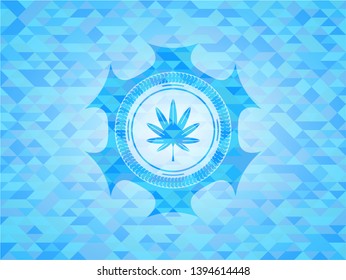marijuana leaf, weed icon inside realistic light blue mosaic emblem