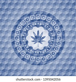 marijuana leaf, weed icon inside blue emblem with geometric pattern.