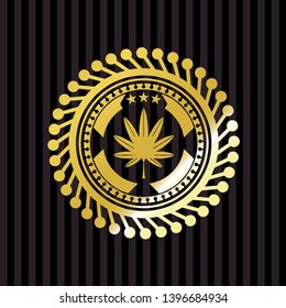 marijuana leaf, weed icon inside gold emblem