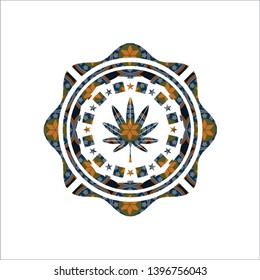 marijuana leaf, weed icon inside arabic badge background. Arabesque decoration.